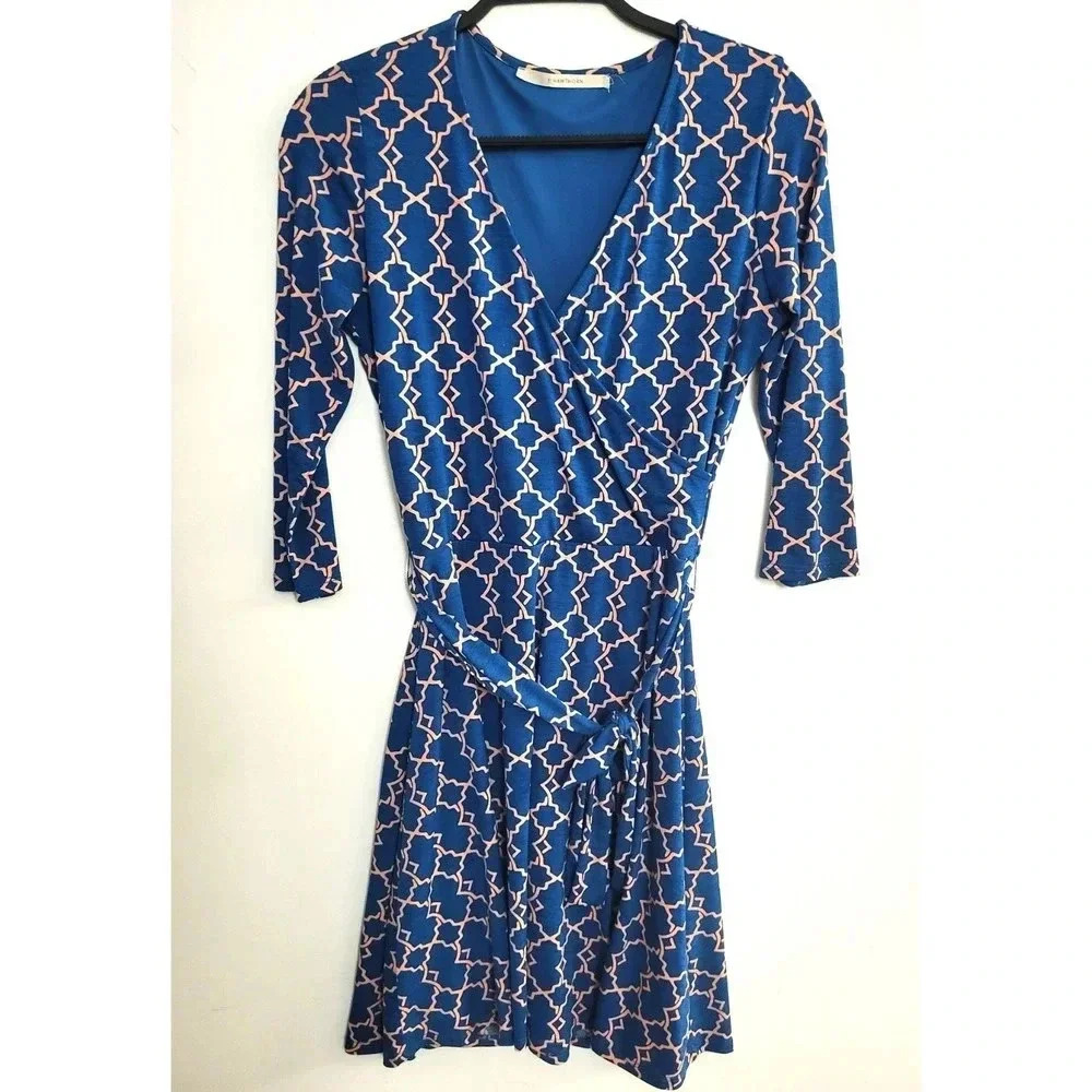 41 Hawthorn Teal Blue Peach Geometric Wrap Dress 3/4 Sleeve Small - Picture 9 of 9